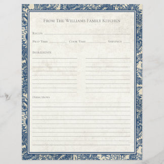 Vintage-Sonnenblumen-Toile-Blau-Rezept-Papierblatt