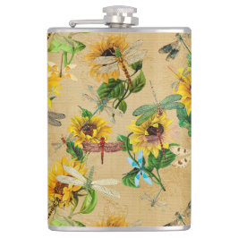 Vintage Sonnenblumen und Libellen Flachmann