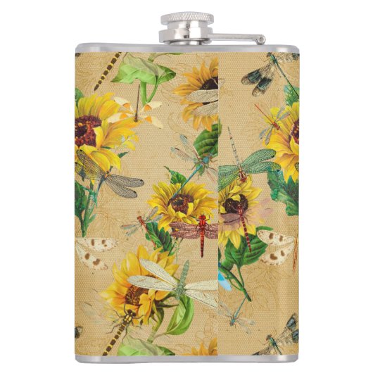 Vintage Sonnenblumen und Libellen Flachmann (Rückseite)