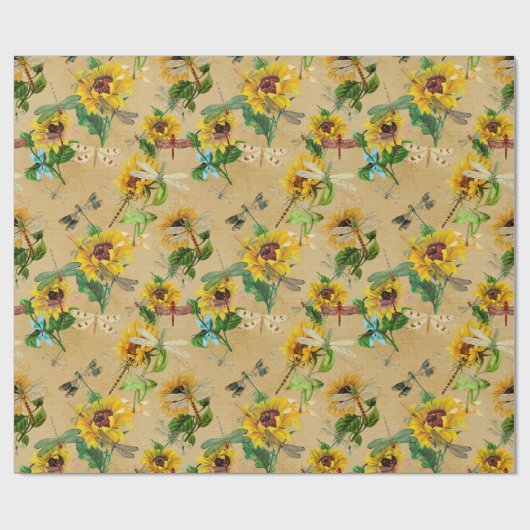 Vintage Sonnenblumen und Libellen Geschenkpapier (Flach)