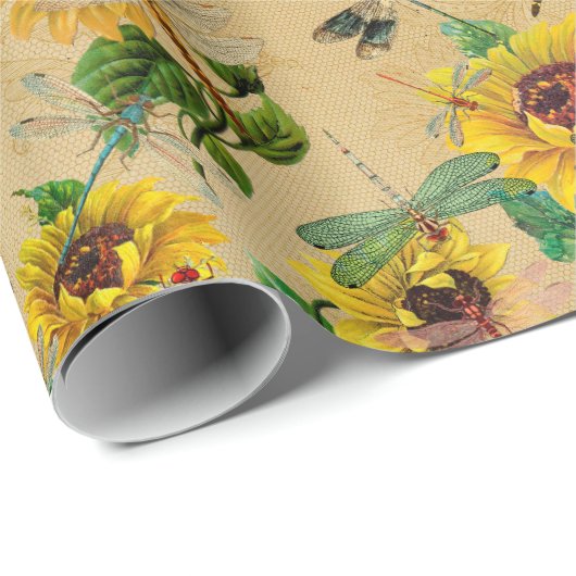 Vintage Sonnenblumen und Libellen Geschenkpapier (Rolleneckpunkt)