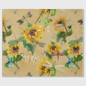 Vintage Sonnenblumen und Libellen Geschenkpapier (Flach)
