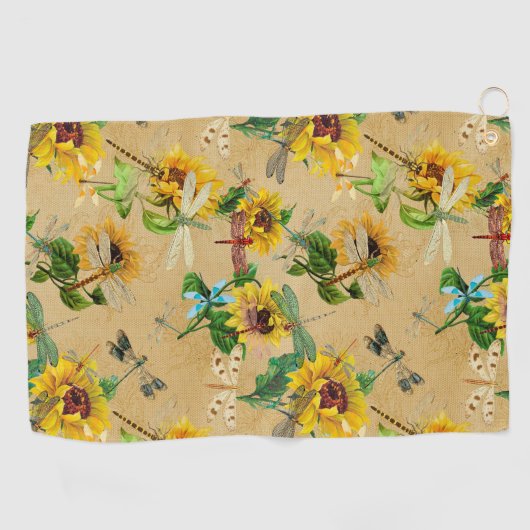Vintage Sonnenblumen und Libellen Golfhandtuch (Horizontal)