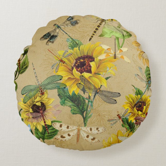 Vintage Sonnenblumen und Libellen Rundes Kissen (Vorderseite)