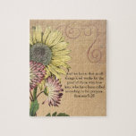 Vintage Sonnenblumenblume Puzzle<br><div class="desc">Dieses Design zeichnet sich durch einen bräunlichen Hintergrund,  Vintage botanische Blume und einen Bibelvers aus.</div>