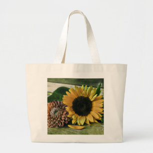 Vintage Sonnenblumenfarbe auf einem Holztisch Jumbo Stoffbeutel