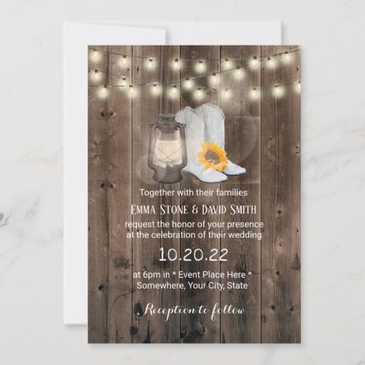 Vintage Sonnenblumenstiefel & Laternenhochzeit Wes Einladung (Vorderseite)