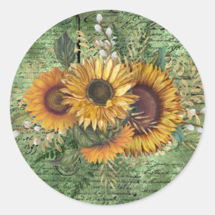 Vintage Sonnenblumenstrauß Grüne Ephemera Runder Aufkleber
