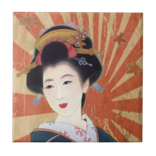 Vintage-Sonnenstrahlen Japanische Geisha Retro Fliese