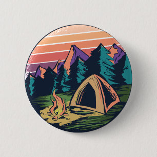 Vintage-Sonnenuntergang-Camping-Berg-Szene-Design Button