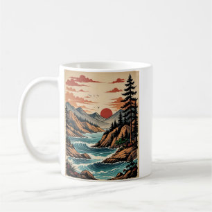 Vintage-Sonnenuntergang-Fluss-Berg-Szene-T-Shirt Kaffeetasse