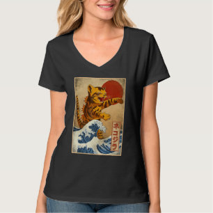 Vintage-Sonnenuntergang Japanische Kitty-Katze Gro T-Shirt