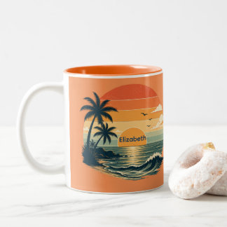 Vintage-Sonnenuntergang-Orange-Strand-Tropisches-G Zweifarbige Tasse