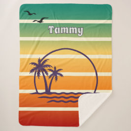 Vintage-Sonnenuntergang-Palmenbaum und Möwen mit N Sherpadecke