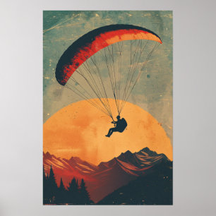 Vintage-Sonnenuntergang-Paragliding im Bergposter Poster