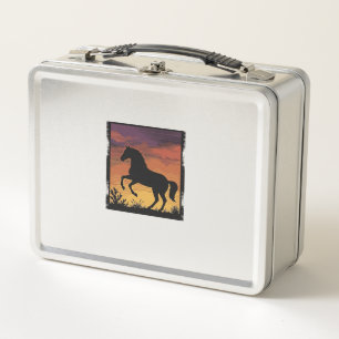 Vintage-Sonnenuntergang-Pferdesilhouette Western-G Metall Brotdose