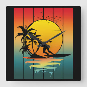 Vintage-Sonnenuntergang-Surfen-Surfer-Ozean-Welle Quadratische Wanduhr
