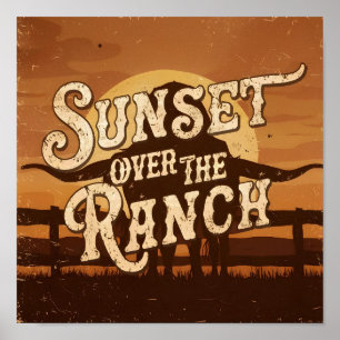 Vintage-Sonnenuntergang über der Ranch Poster