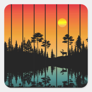 Vintage-Sonnenuntergang-Wald-Sonnenaufgang-Landsch Quadratischer Aufkleber