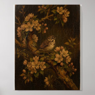 Vintage Sparrow Blossoms II Poster