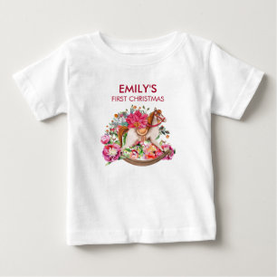Vintage-Spielzeugpferd Poinsettie Erstes Weihnacht Baby T-shirt