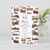 Vintage Spielzeugschleppbahn mit farbigen Zügen Ki Einladung (Stehend Vorderseite)