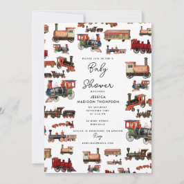 Vintage Spielzeugschleppbahn mit farbigen Zügen Ki Einladung