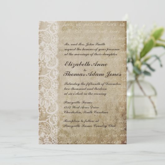 Vintage Spitze-alte Welthochzeits-Einladung Einladung (Stehend Vorderseite)