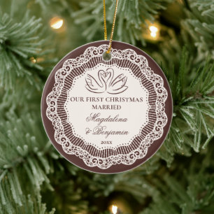 Vintage-Spitze Brauner Schwan 1. Weihnachten Verhe Keramik Ornament