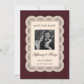 Vintage-Spitze Burgunder Save the Date (Vorderseite)