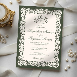 Vintage-Spitze elegante olivgrüne Schwan-Hochzeit Einladung