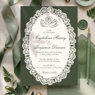 Vintage-Spitze elegante olivgrüne Schwan-Hochzeit Einladung