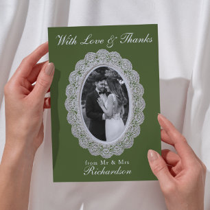 Vintage-Spitze Oliven Grün Foto-Hochzeit   Dankeskarte