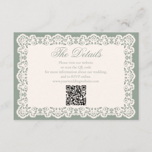 Vintage-Spitze-Sagegrün-Hochzeits-Website-QR-Code Begleitkarte (Vorderseite)