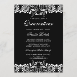 Vintage-Spitze Schwarz Weiße Quinceanera-Einladung Einladung