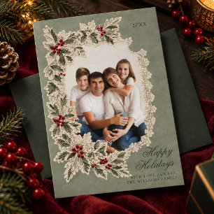 Vintage-Spitze-Stechpalmen-Familienfoto-Weihnachte Feiertagskarte
