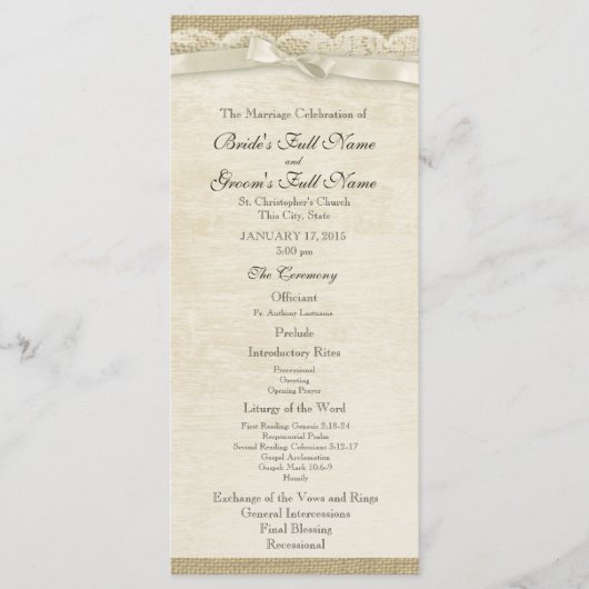 Vintage-Spitze- und Jute-Hochzeitsprogramm Programm (Vorderseite)