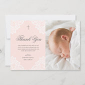 Vintage Spitzen Foto Taufe Danke Mitteilungskarte (Vorderseite)