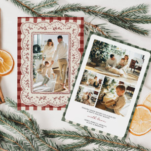 Vintage-Spitzen-Gingham-Familienfoto-Weihnachten Feiertagskarte