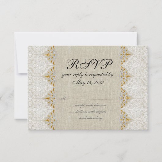 Vintage Spitzen-Linen Rustic Wedding RSVP (Vorderseite)
