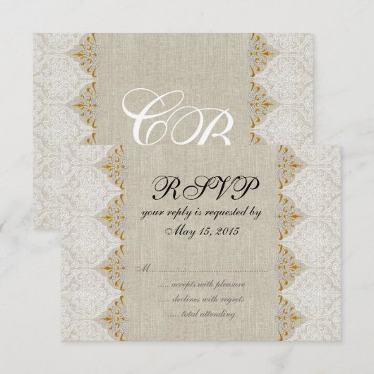 Vintage Spitzen-Linen Rustic Wedding RSVP Karte (Vorne/Hinten)