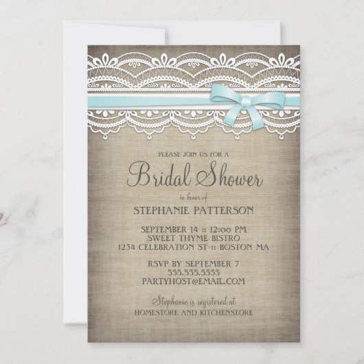 Vintage Spitzen & Linen Rustikale Eleganz Brautpar Einladung (Vorderseite)