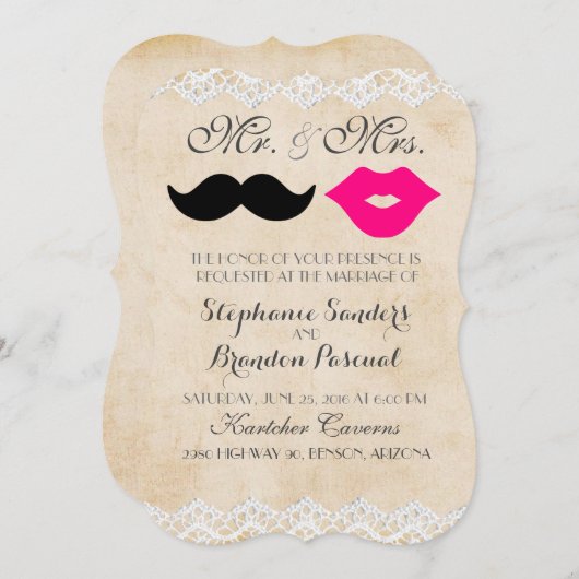 Vintage Spitzen-Lippen und Stache Einladungen (Vorne/Hinten)