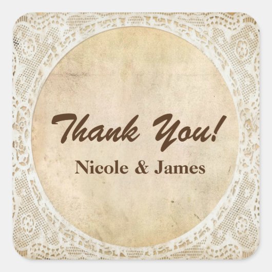 Vintage Spitzen-Rahmen Rustikale Romance-Hochzeits Quadratischer Aufkleber (Vorderseite)