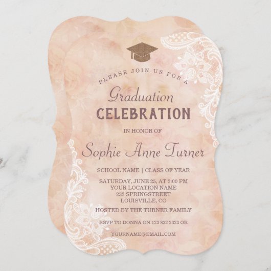 Vintage Spitzen-Rose Alte Papierabschlussfeier Einladung (Vorne/Hinten)