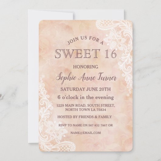 Vintage Spitzen-Rose Altpapier SWEET 16 Einladung (Vorderseite)