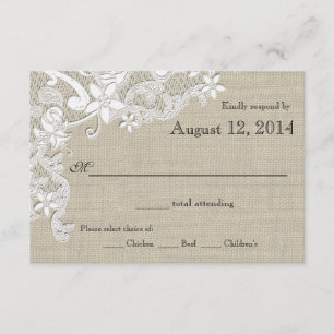 Vintage Spitzen- und Burlap Country Romance-Antwor RSVP Karte