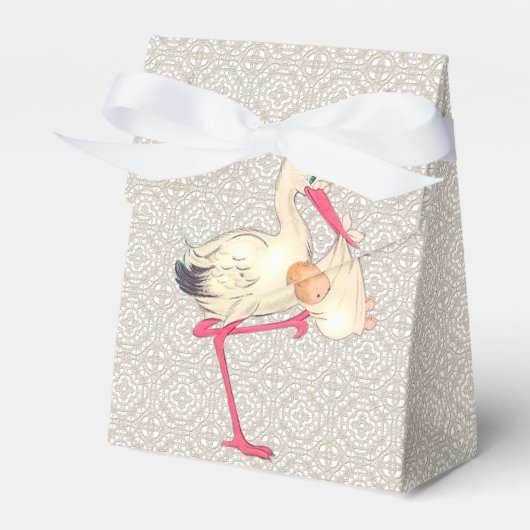 Vintage Spitzen- und Stork-Baby-Dusche Geschenkschachtel (Vorderseite)