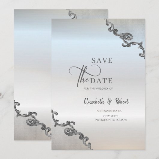 Vintage Spitzengrenzensilber-Hochzeit speichern da Save The Date (Vorne/Hinten)