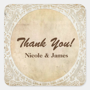 Vintage-Spitzenrahmen Rustikale Hochzeit-Sticker Quadratischer Aufkleber